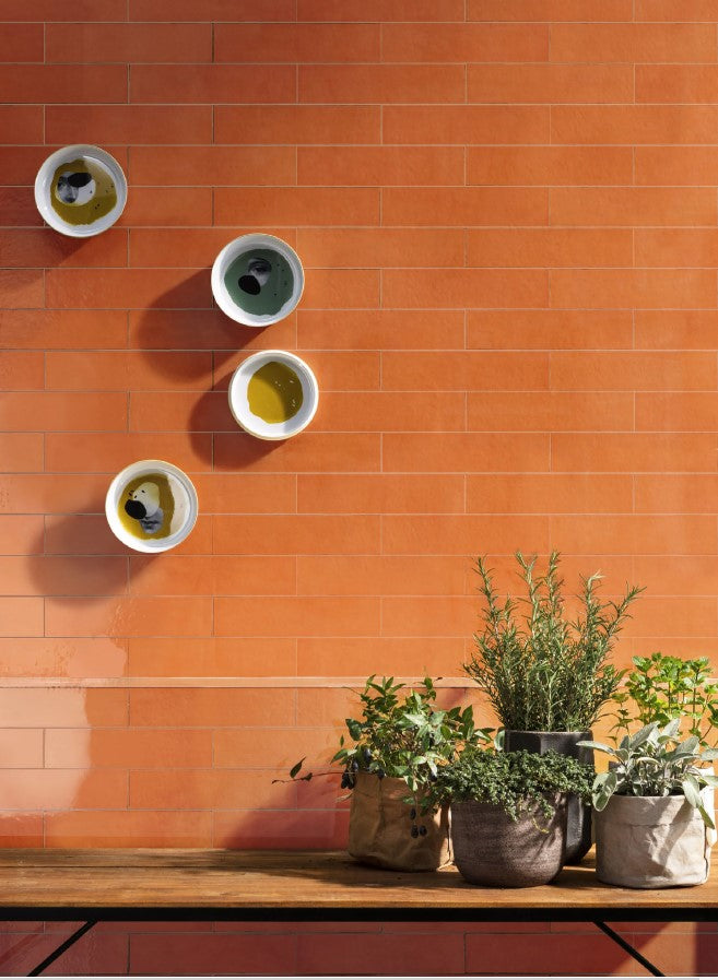 Casablanca Orange Gloss 58x242mm terracotta brick tiles installed on a feature wall styled with decorative bowls and potted herb plants on a timber bench.