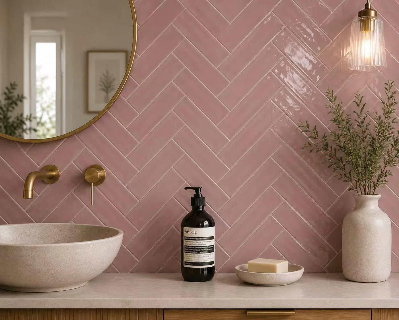 Casablanca Pink Gloss 58x242mm tiles laid in a herringbone pattern on a bathroom vanity wall with gold fixtures, round mirror, and pendant light.