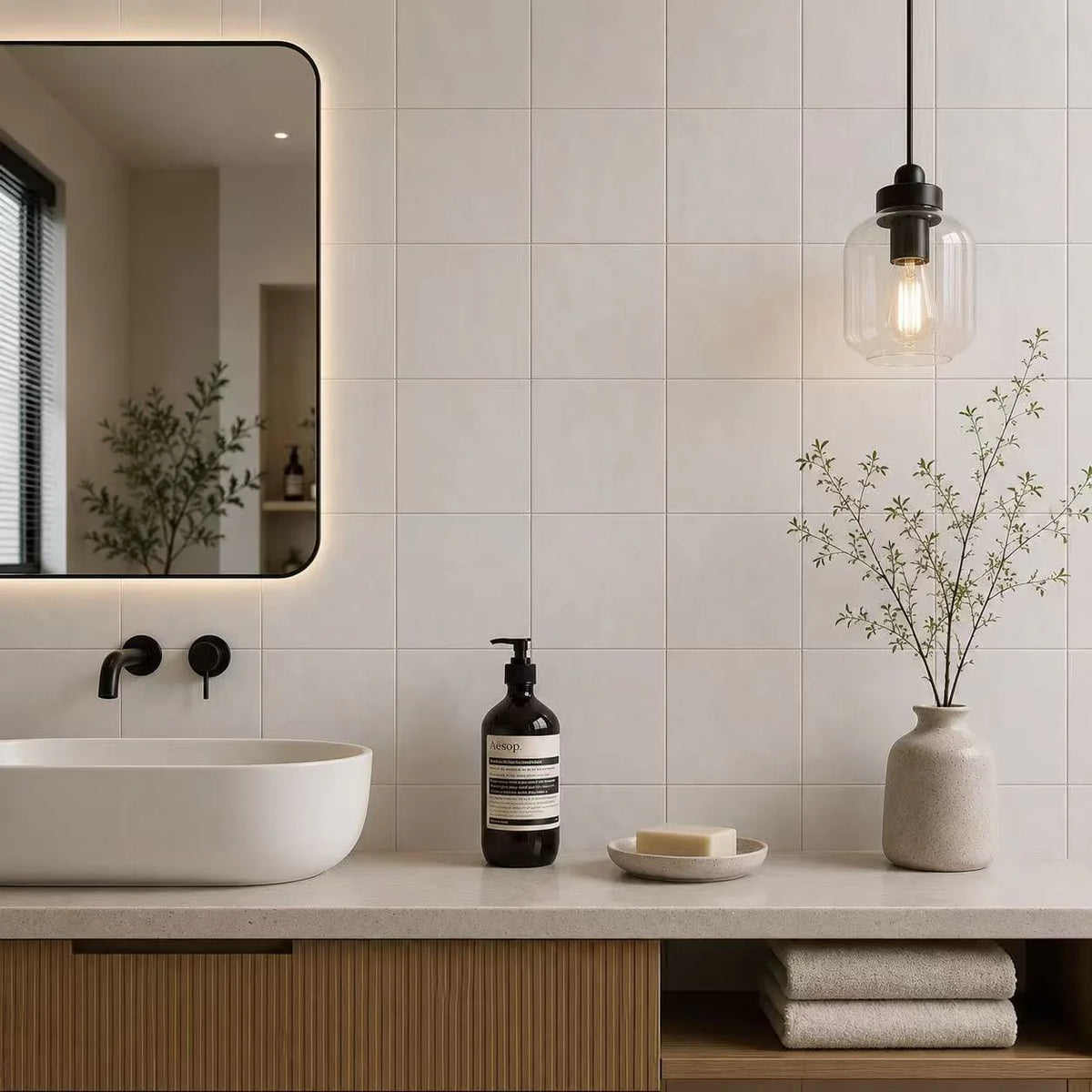 Casablanca White Matte 120x120mm tiles covering a modern bathroom wall behind a vessel sink vanity, warm pendant light, and minimalist Aesop soap dispenser.