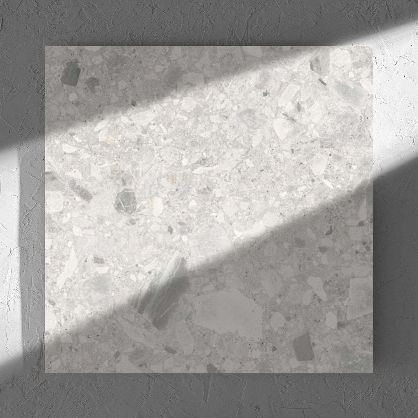 Ceppo Bianco External 600x600mm tile in soft natural window light, showing the bianco matt surface