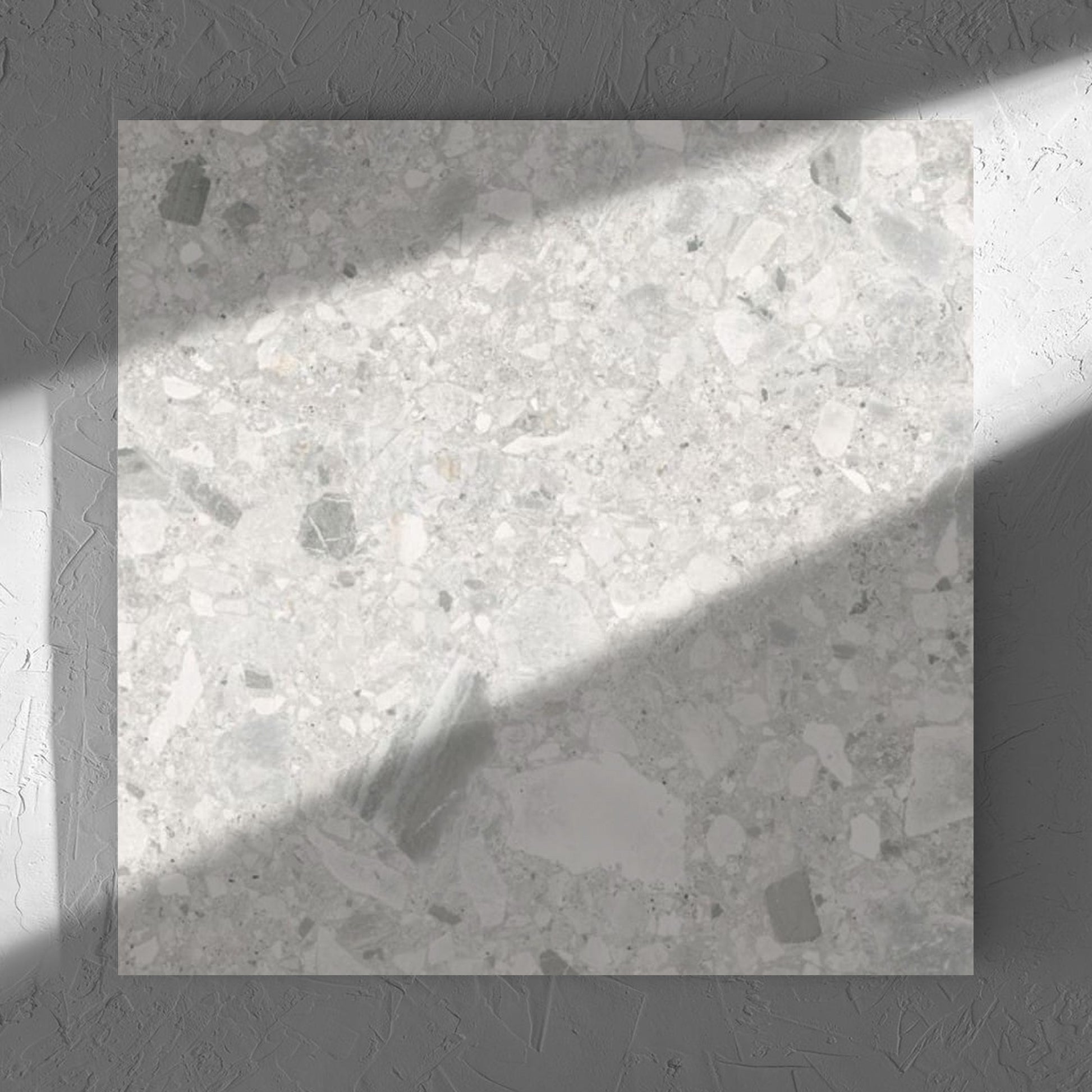 Ceppo Bianco External 600x600mm tile in soft natural window light, showing the bianco matt surface