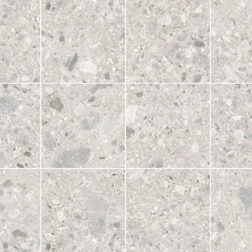 Close-up grid layout of Ceppo Bianco InOut 300x600mm tiles showing light grey terrazzo-style finish with embedded stone fragments and subtle variation across twelve individual tile faces.