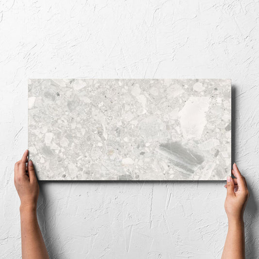 Hand holding a single Ceppo Bianco InOut 300x600mm tile against a white rendered wall, showing the tile surface