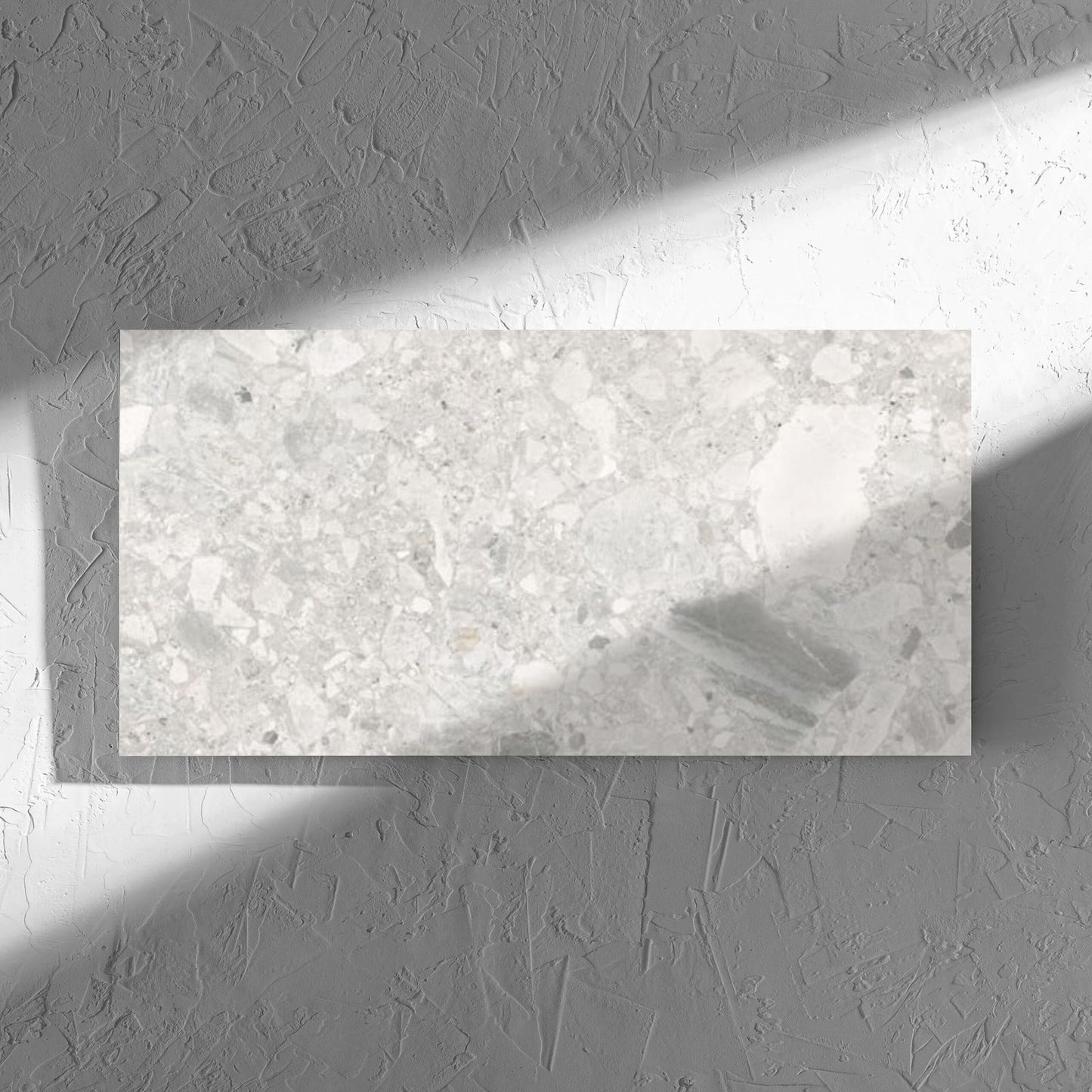 Ceppo Bianco InOut 300x600mm tile in soft natural window light, showing the tile surface