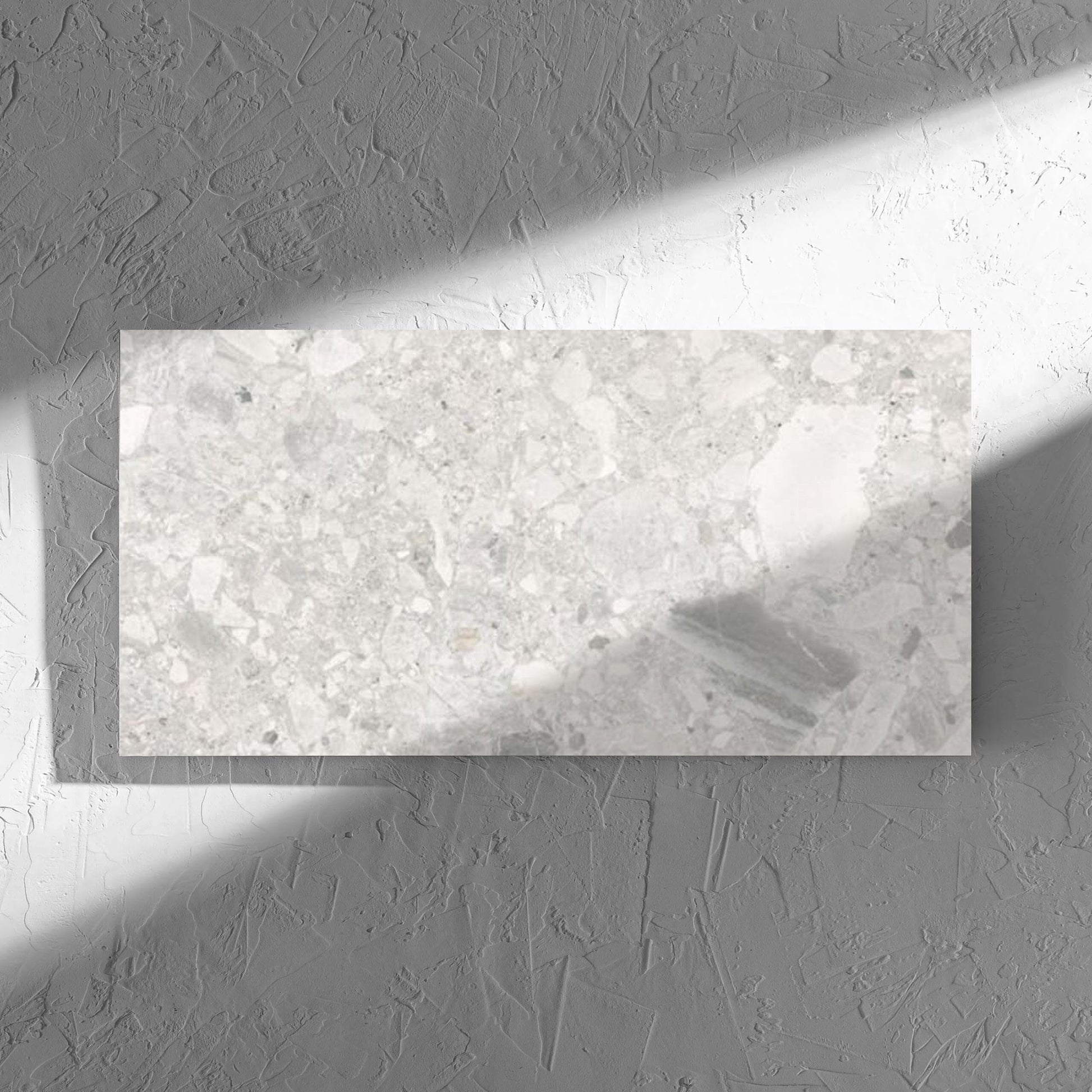 Ceppo Bianco InOut 300x600mm tile in soft natural window light, showing the tile surface