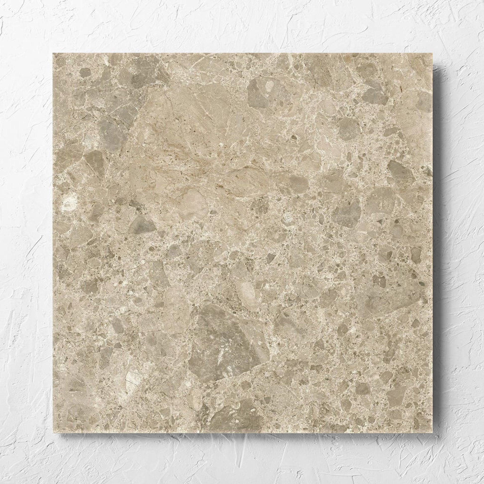 Ceppo Dark Beige InOut 600x600mm tile laid flat on a white rendered wall, showing the tile surface