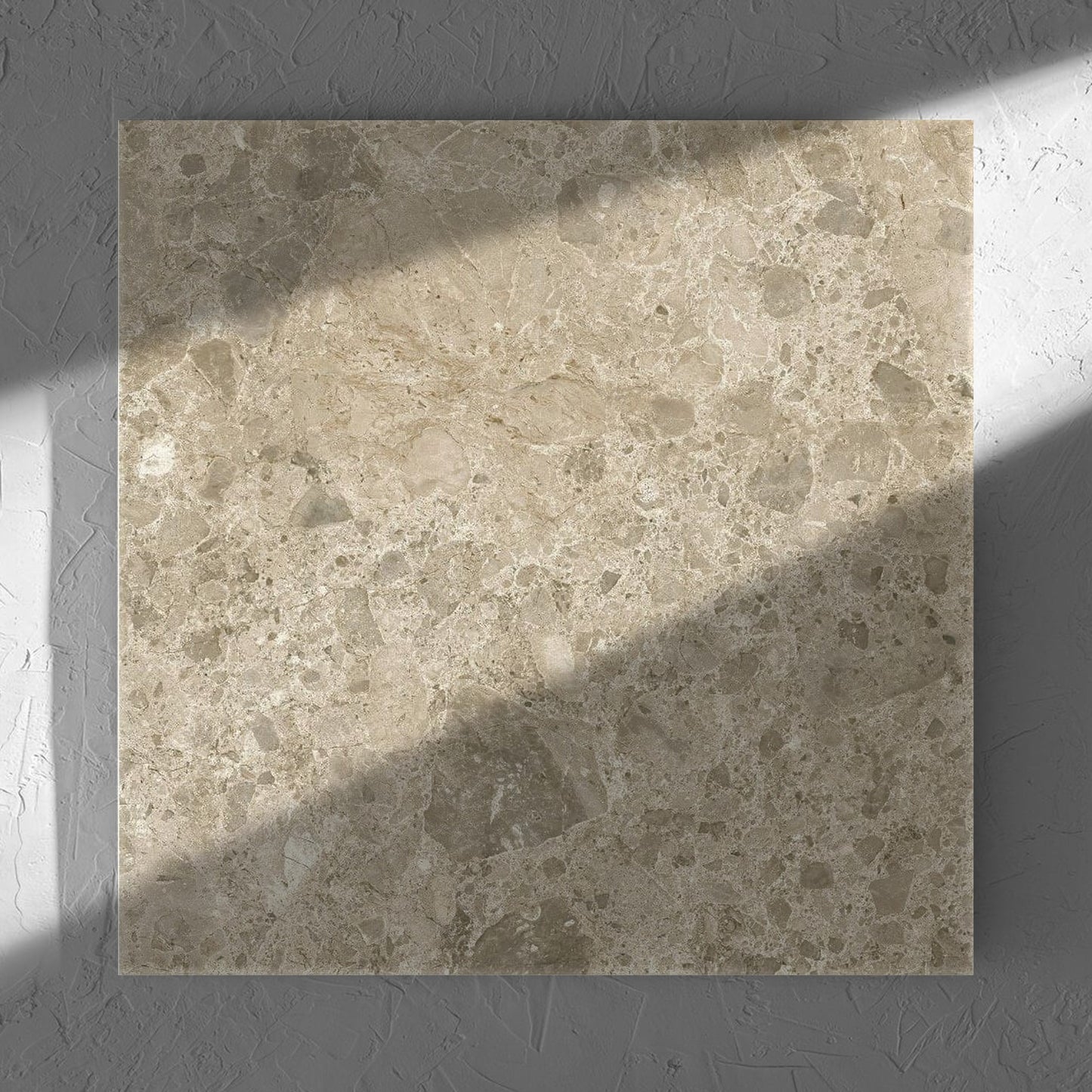 Ceppo Dark Beige InOut 600x600mm tile in soft natural window light, showing the tile surface