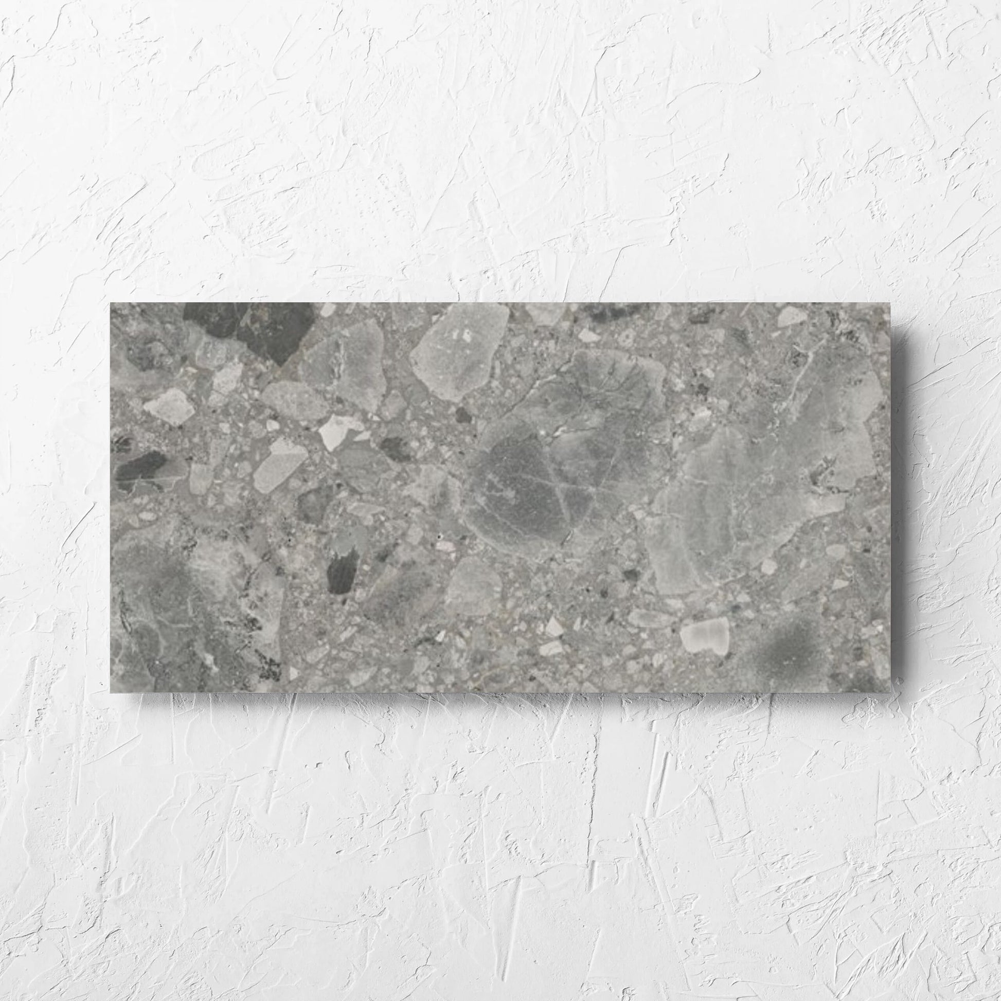 Ceppo Grey InOut 300x600mm tile laid flat on a white rendered wall, showing the tile surface
