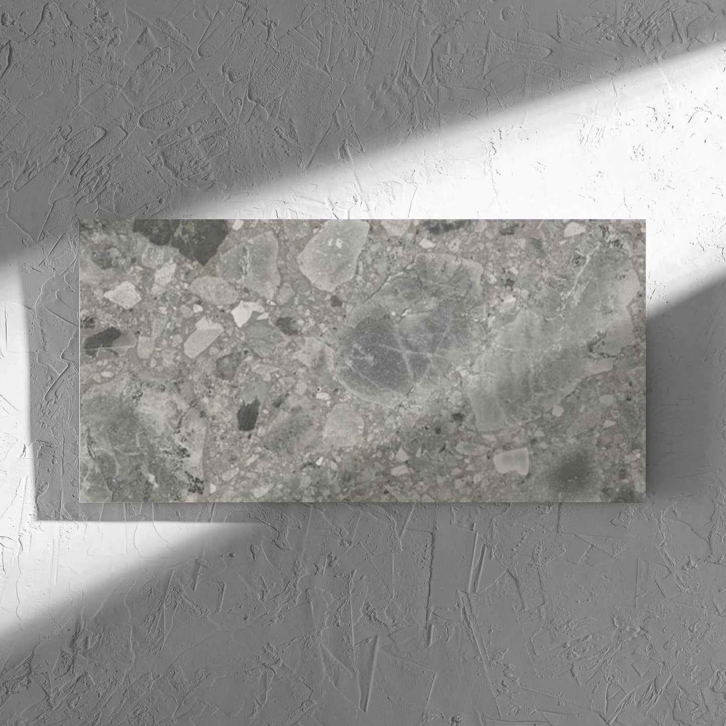 Ceppo Grey InOut 300x600mm tile in soft natural window light, showing the tile surface