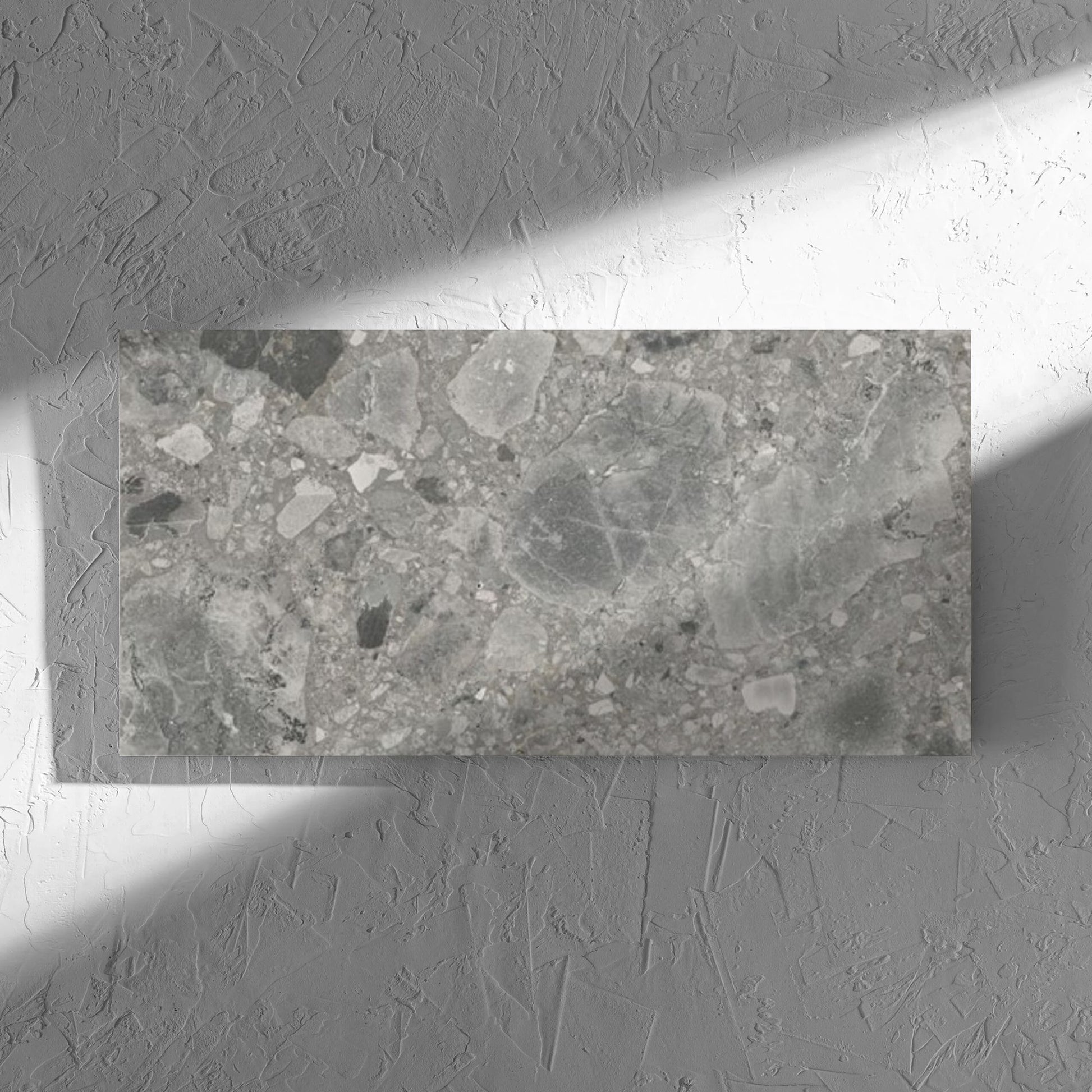 Ceppo Grey InOut 300x600mm tile in soft natural window light, showing the tile surface