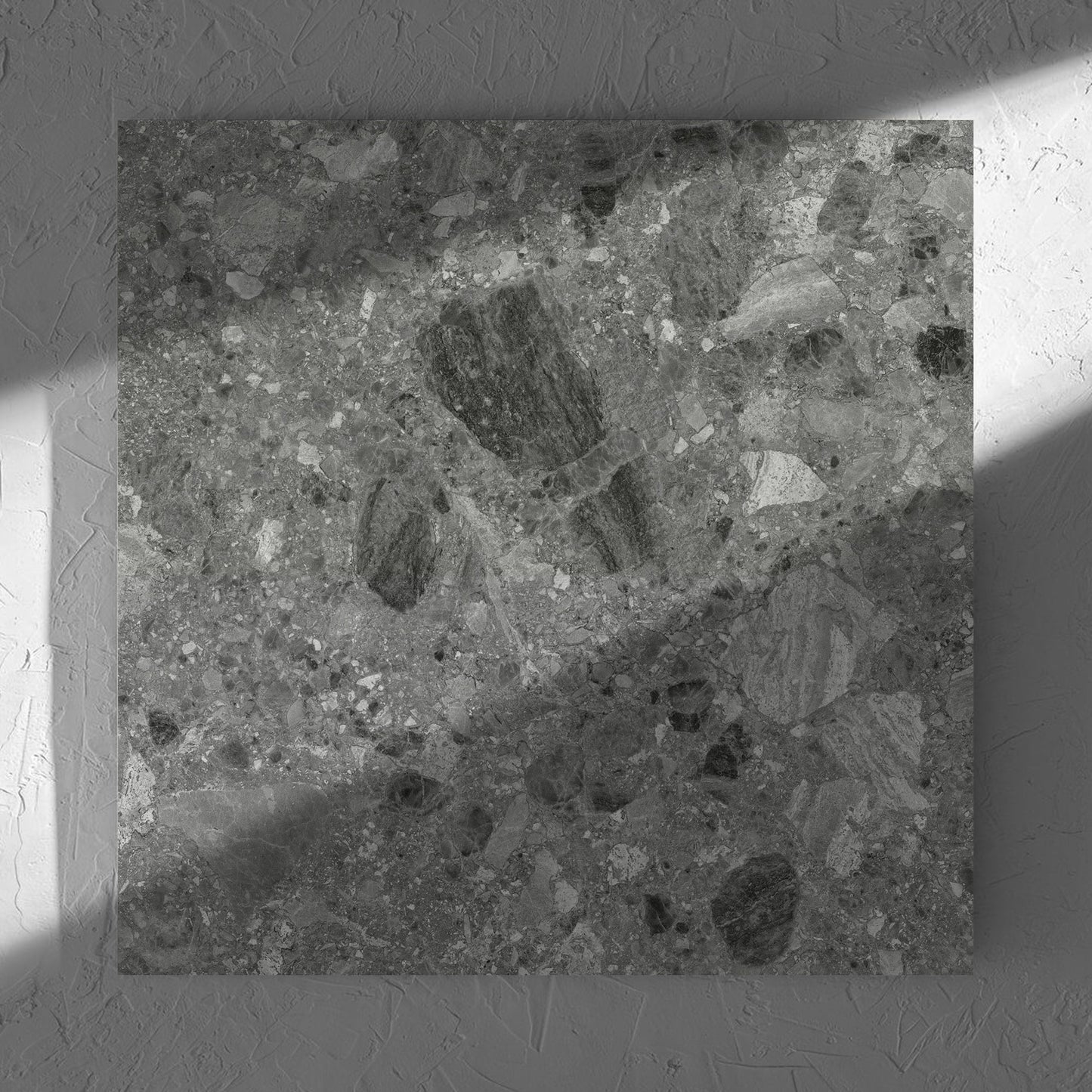 Ceppo Grey InOut 600x600mm tile in soft natural window light, showing the tile surface