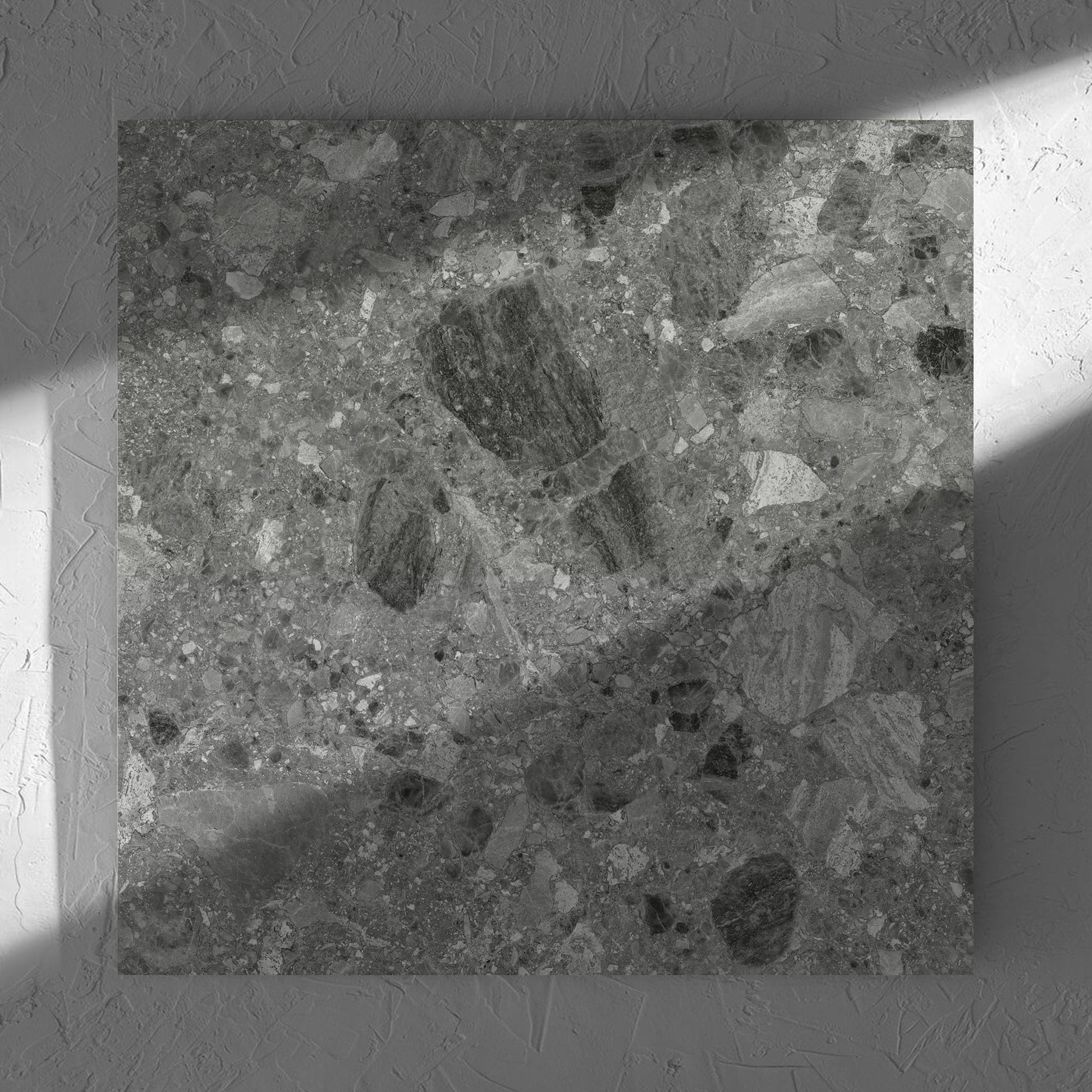 Ceppo Grey InOut 600x600mm tile in soft natural window light, showing the tile surface