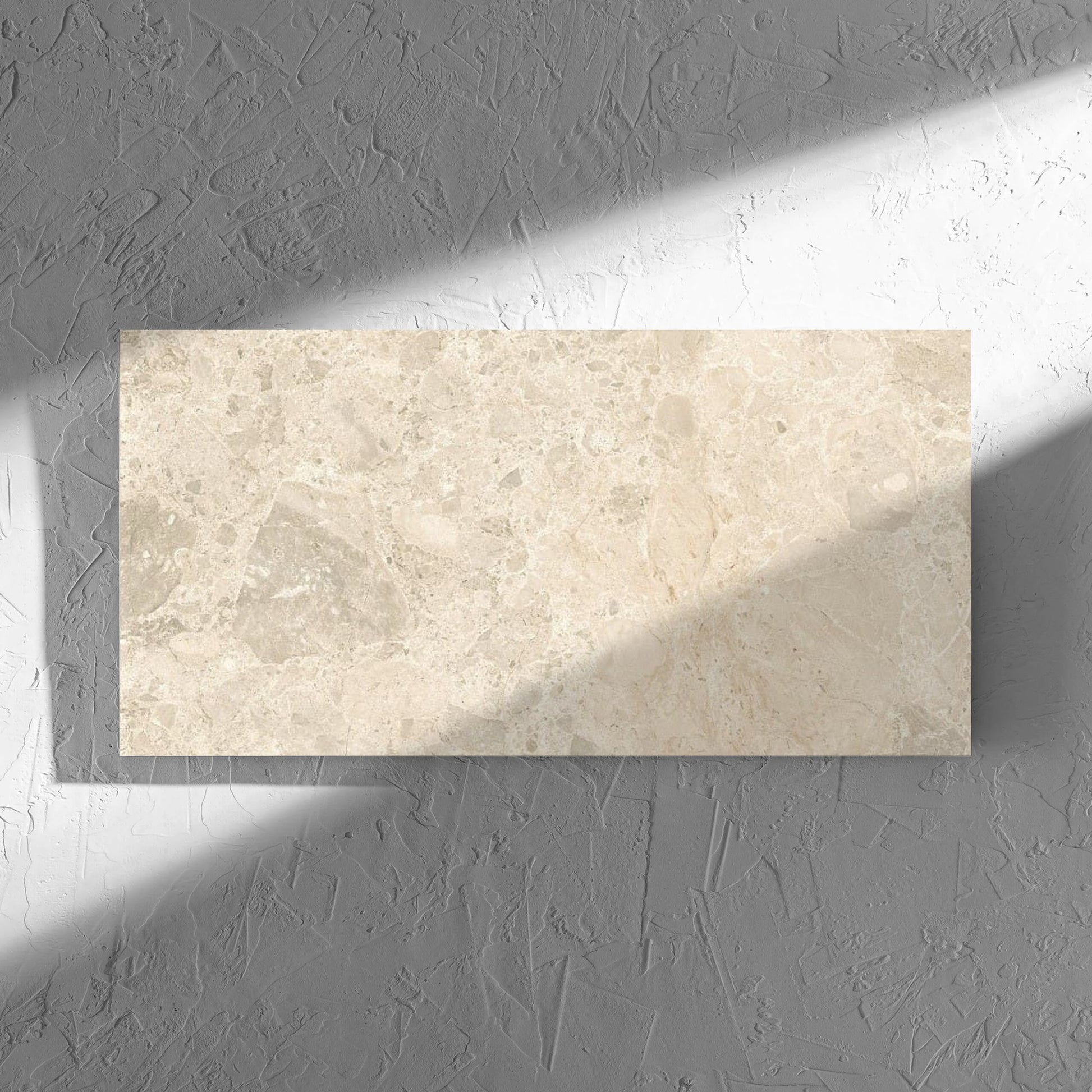 Ceppo Light Beige InOut 300x600mm tile in soft natural window light, showing the tile surface