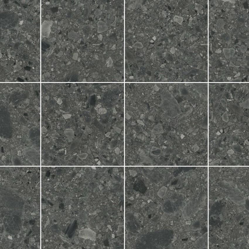 Ceppo Nero InOut 600x600mm tiles displayed in a 3x4 grid layout showing dark charcoal terrazzo-style texture with embedded stone fragments.