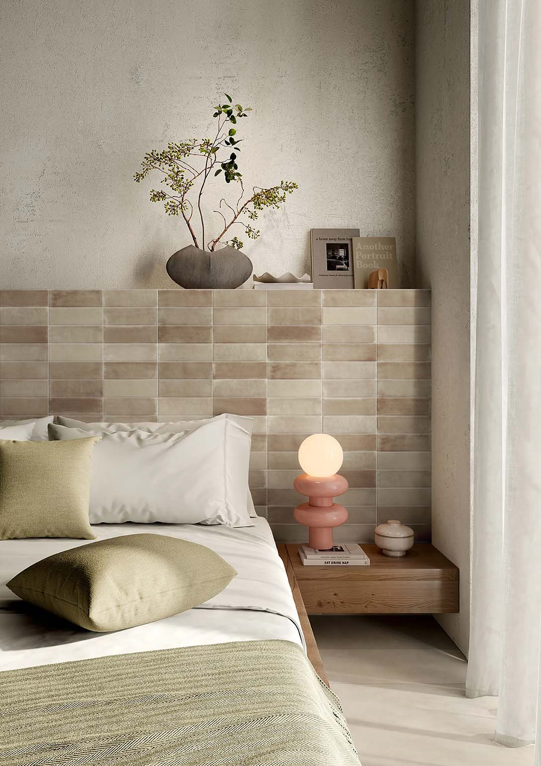 Chroma Caramel Matt 52x160mm tiles used as a textured bedroom headboard feature wall paired with a floating timber nightstand and globe lamp.