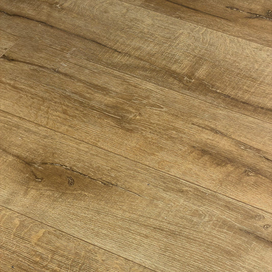 Close-up texture shot of Country Oak Urban Laminate 12mm Flooring 12mm showing warm brown wood grain, natural knots, and fine surface detail.
