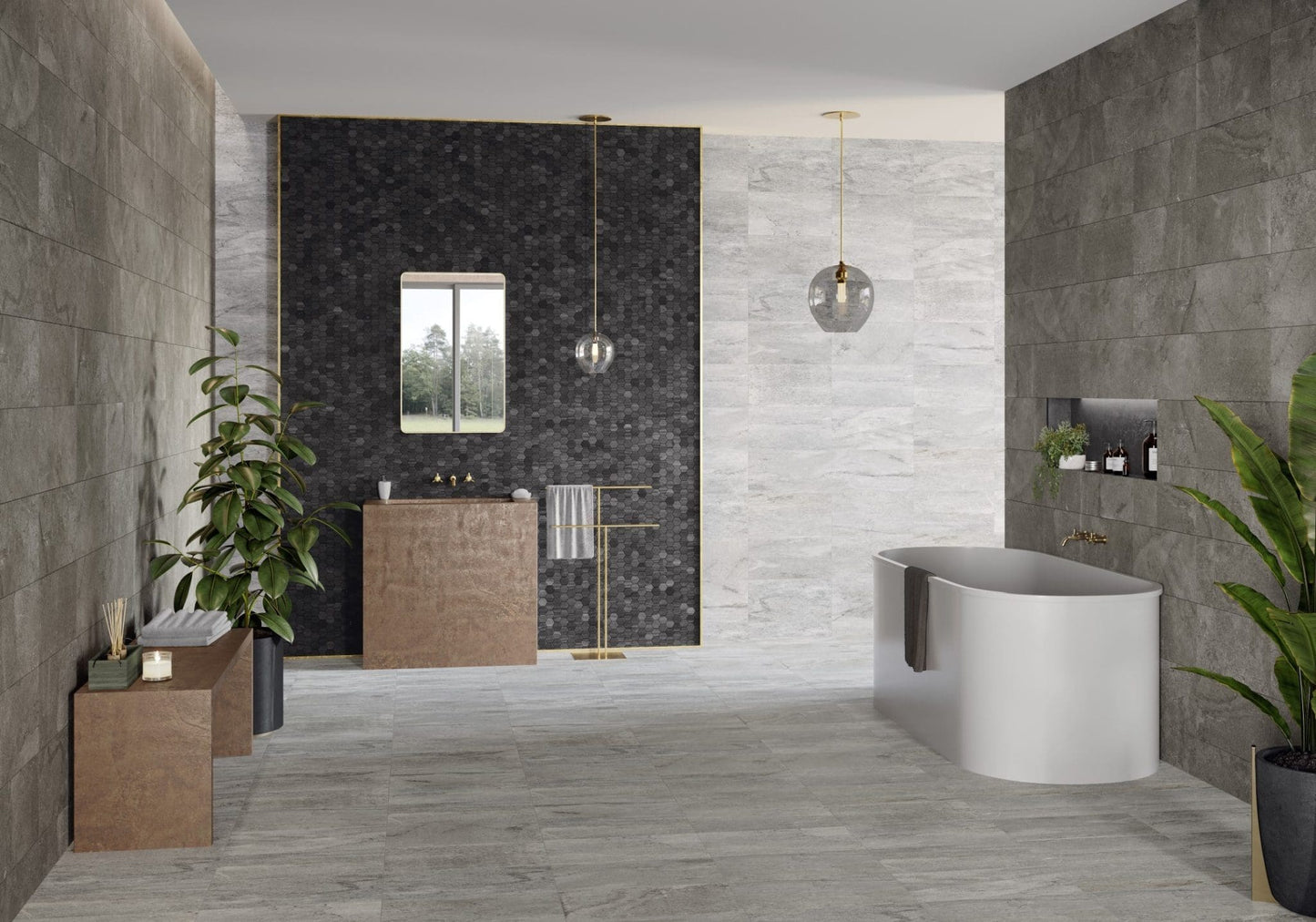 Courtyard Taupe Matt 300x600mm tiles installed on bathroom walls and floor alongside a freestanding bath, copper vanity unit, and pendant lighting.