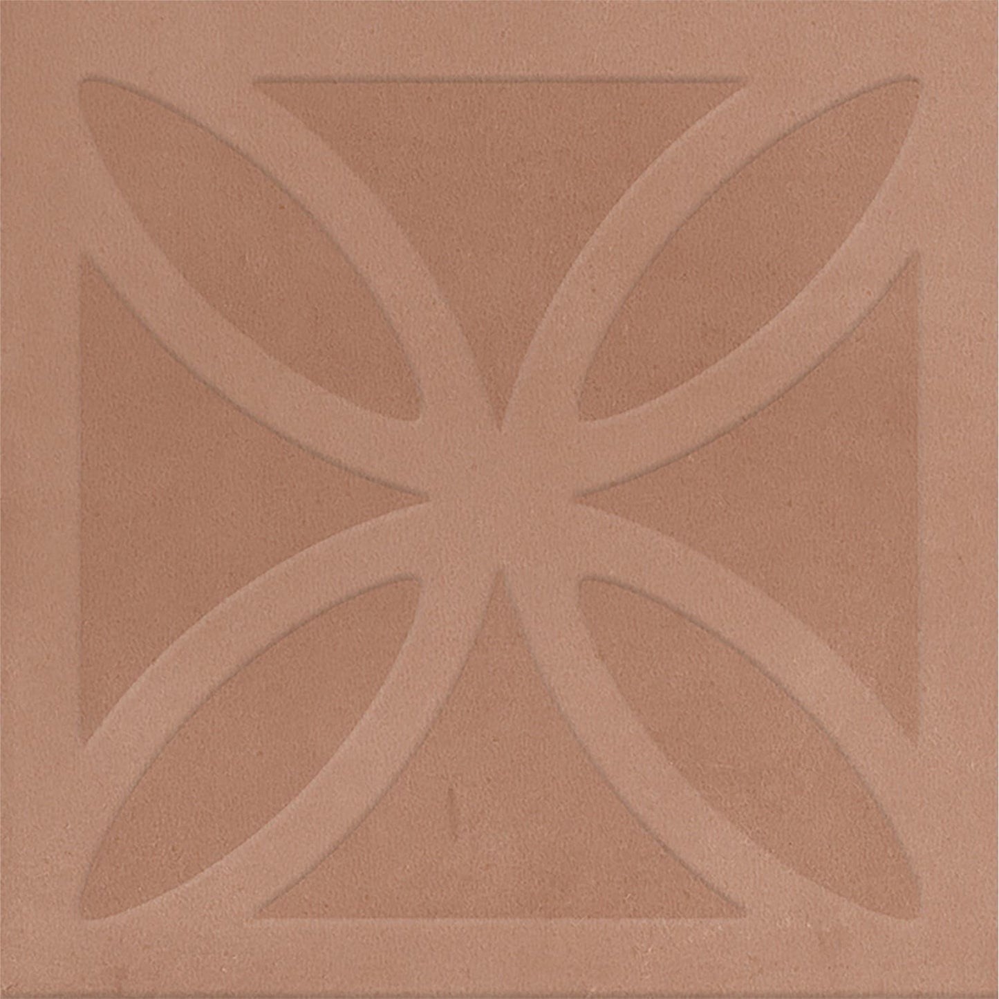 Close-up of Craft Art 3D Cotto 200x200mm tile featuring a terracotta-toned embossed cross and curved petal relief pattern on a matte surface.