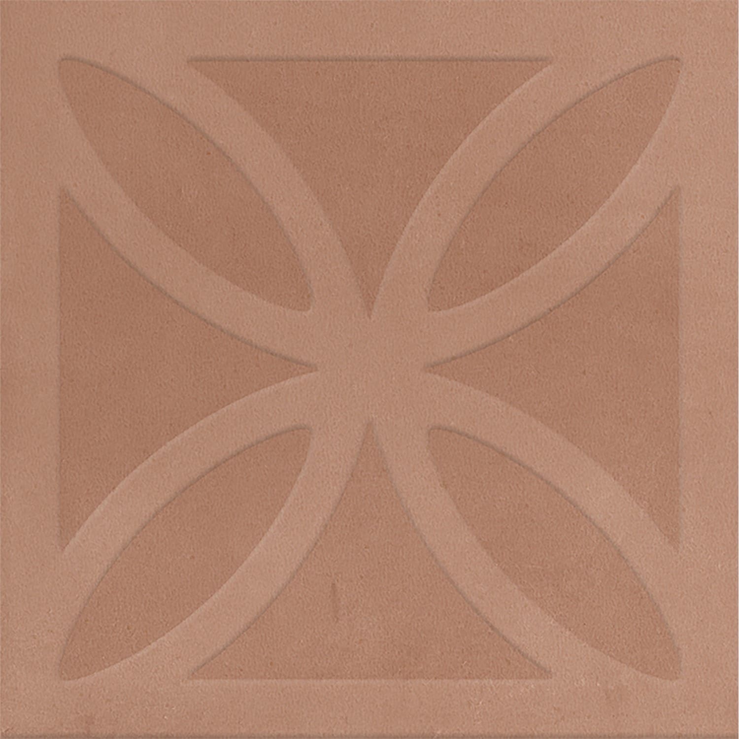 Close-up of Craft Art 3D Cotto 200x200mm tile featuring a terracotta-toned embossed cross and curved petal relief pattern on a matte surface.