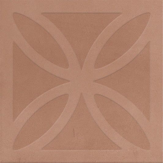 Close-up of Craft Art 3D Cotto 200x200mm tile featuring a terracotta-toned embossed cross and curved petal relief pattern on a matte surface.