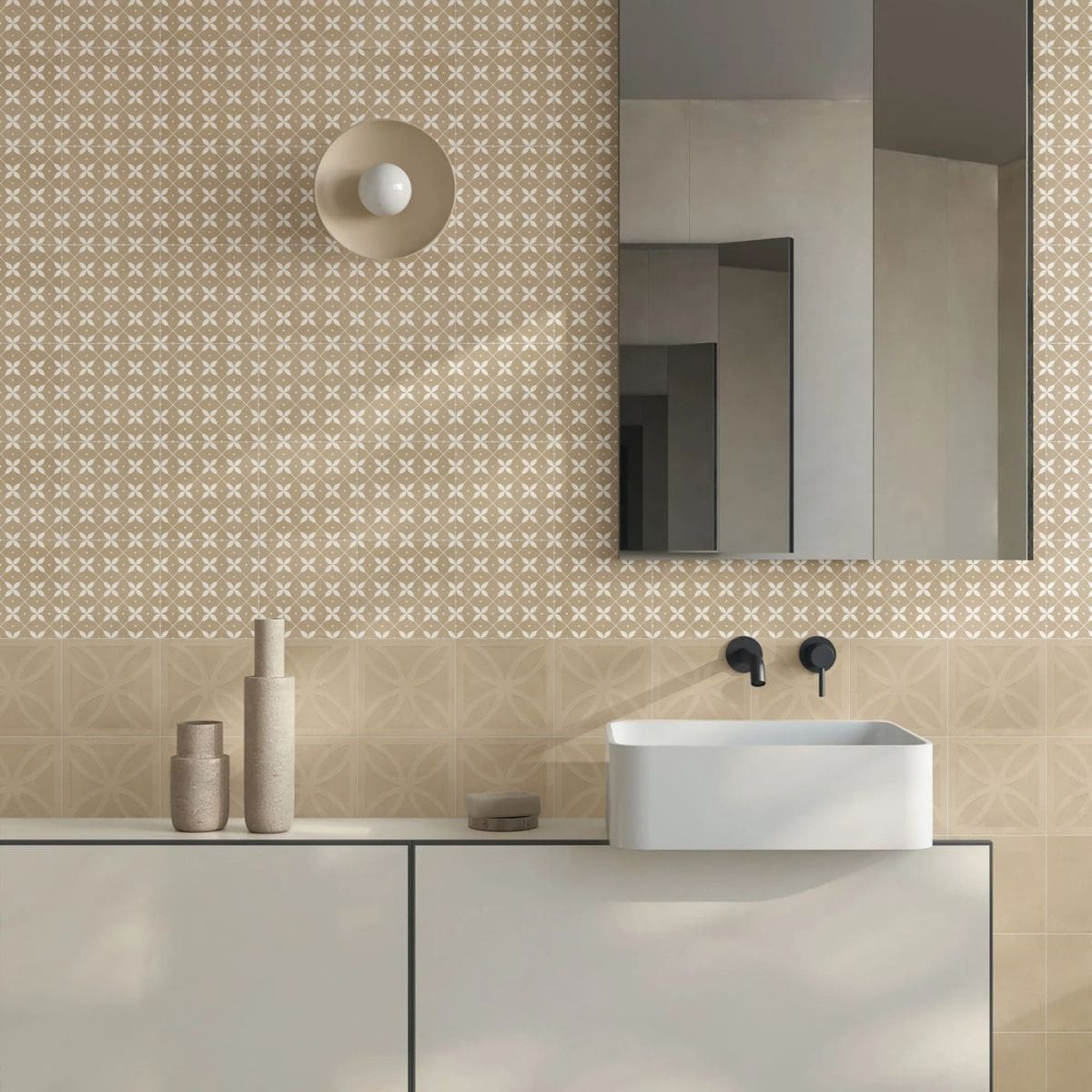 Craft Art 3D Desert 200x200mm patterned beige tiles covering a modern bathroom wall above a white vessel sink, floating vanity, and round wall light.