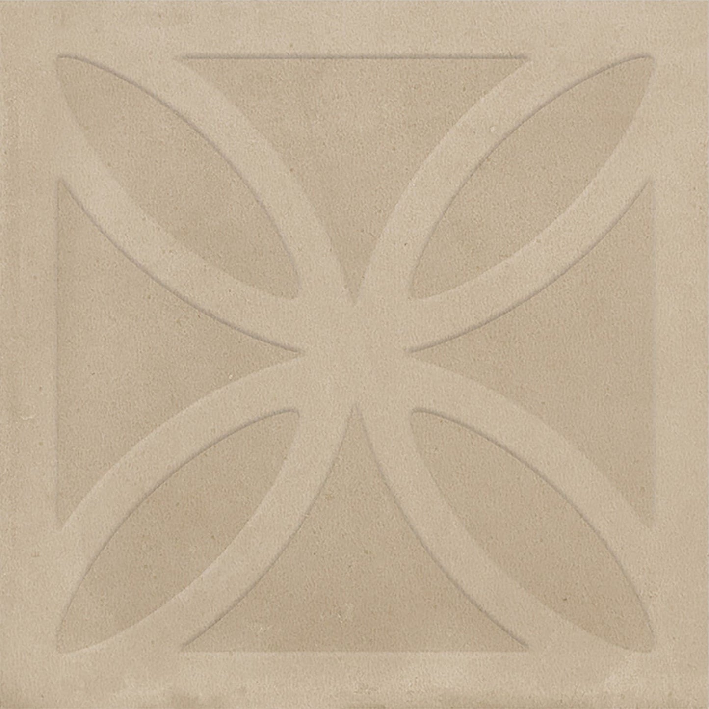Close-up of Craft Art 3D Desert 200x200mm ceramic tile showing a beige sand-toned surface with a raised four-petal botanical relief pattern.