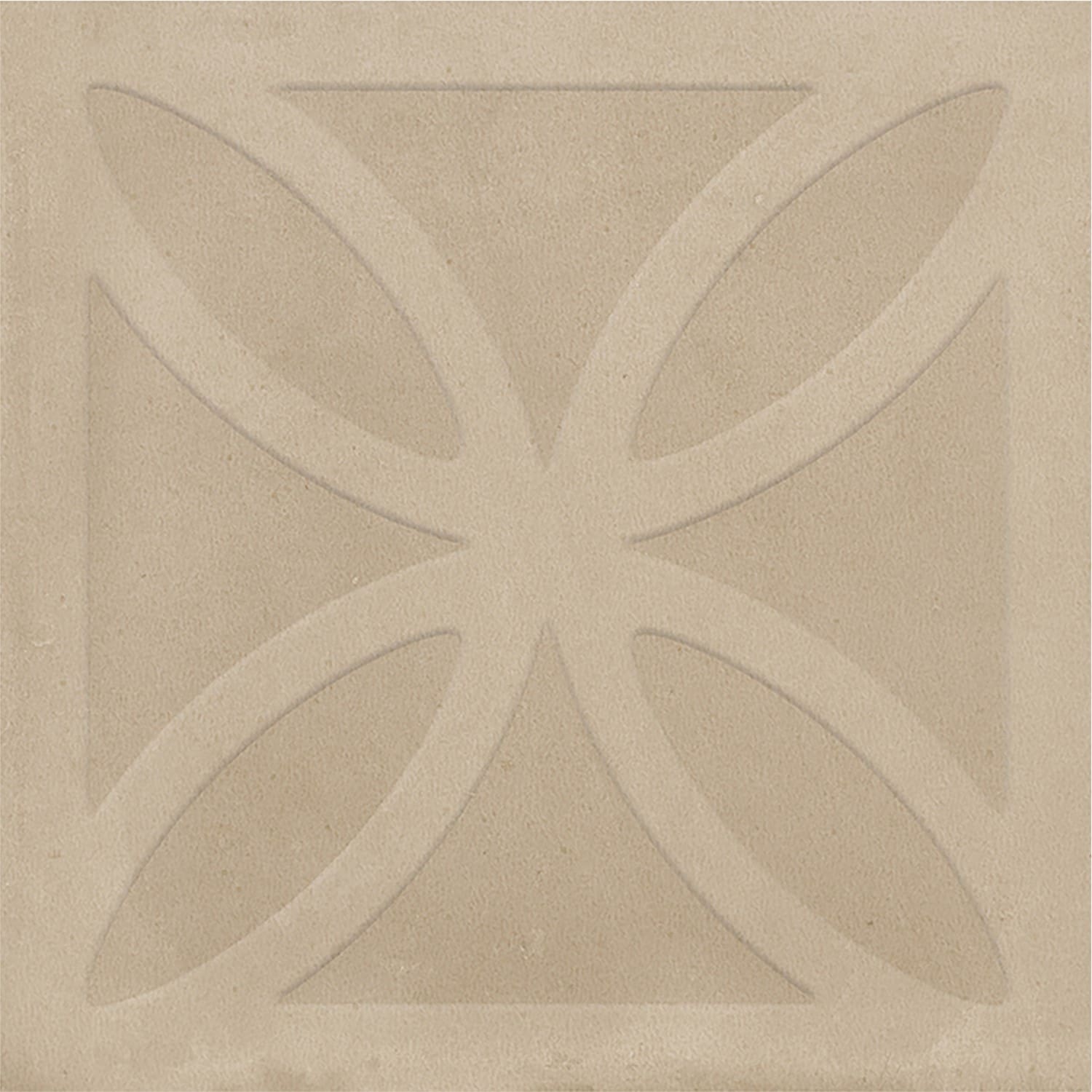 Close-up of Craft Art 3D Desert 200x200mm ceramic tile showing a beige sand-toned surface with a raised four-petal botanical relief pattern.