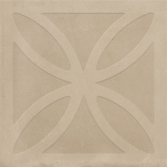 Close-up of Craft Art 3D Desert 200x200mm ceramic tile showing a beige sand-toned surface with a raised four-petal botanical relief pattern.
