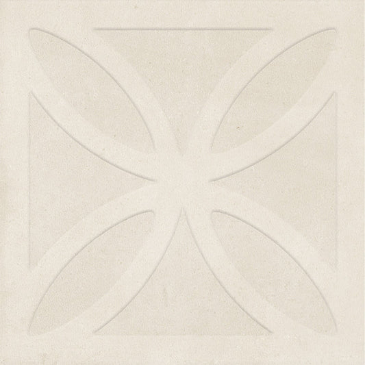 Close-up of Craft Art 3D Ice 200x200mm ceramic wall tile featuring a raised botanical petal motif in a soft cream matte finish.