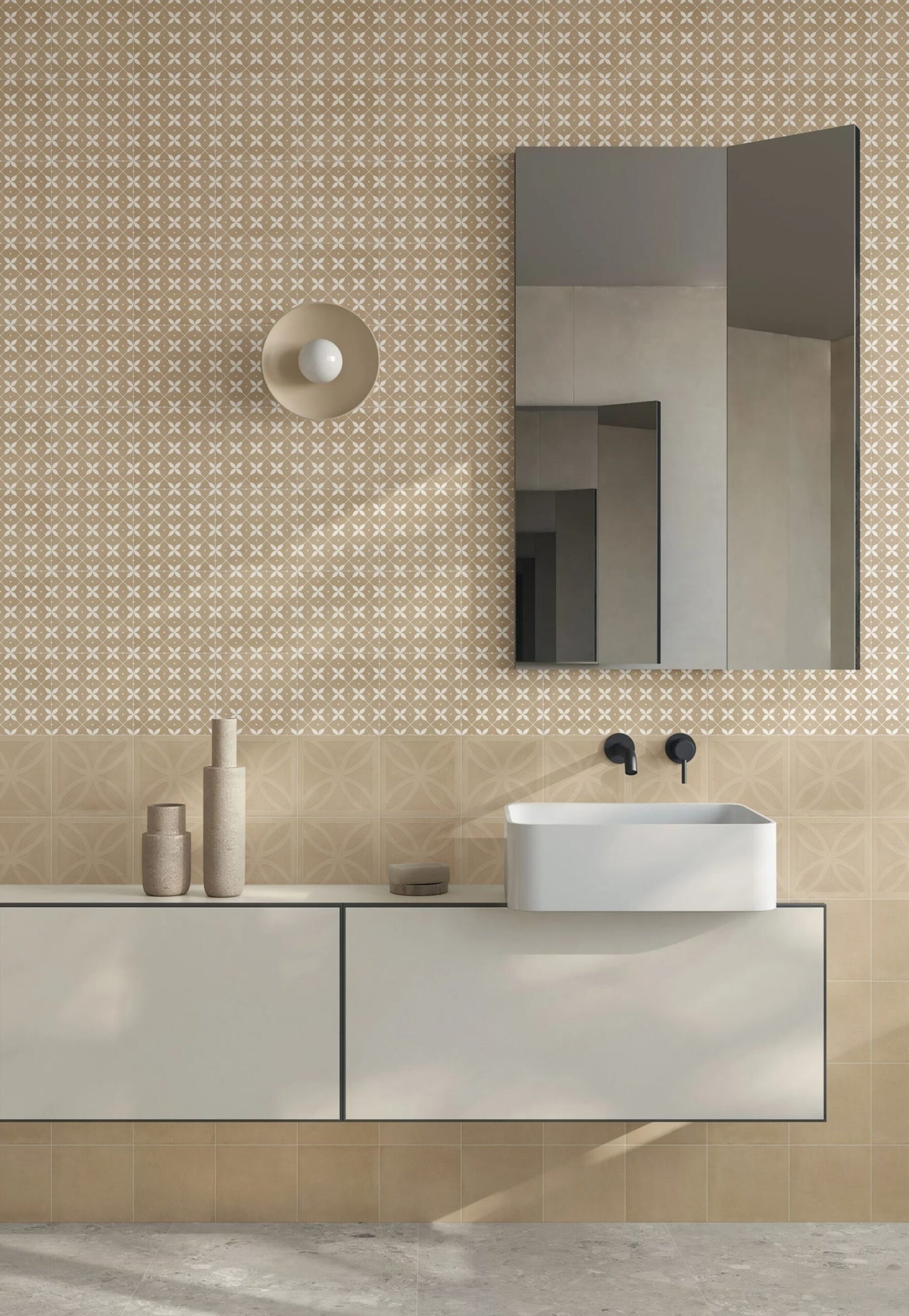 Craft Art Desert 200x200mm patterned beige tiles covering a bathroom wall above a white vessel sink, floating vanity, and round wall sconce.