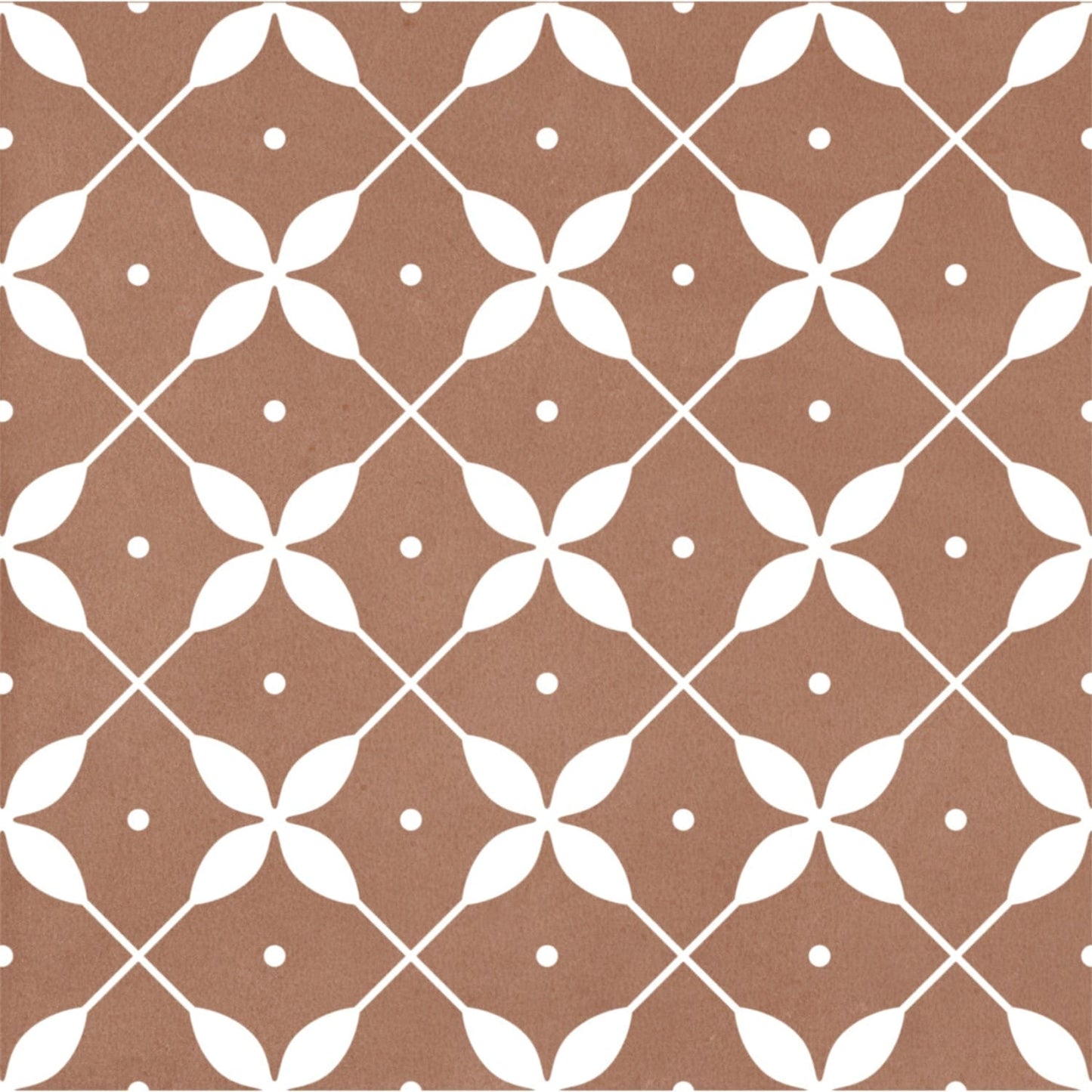 Craft Art Leaf Cotto 200x200mm tile showing a repeating white geometric leaf and lattice pattern on a warm terracotta background.
