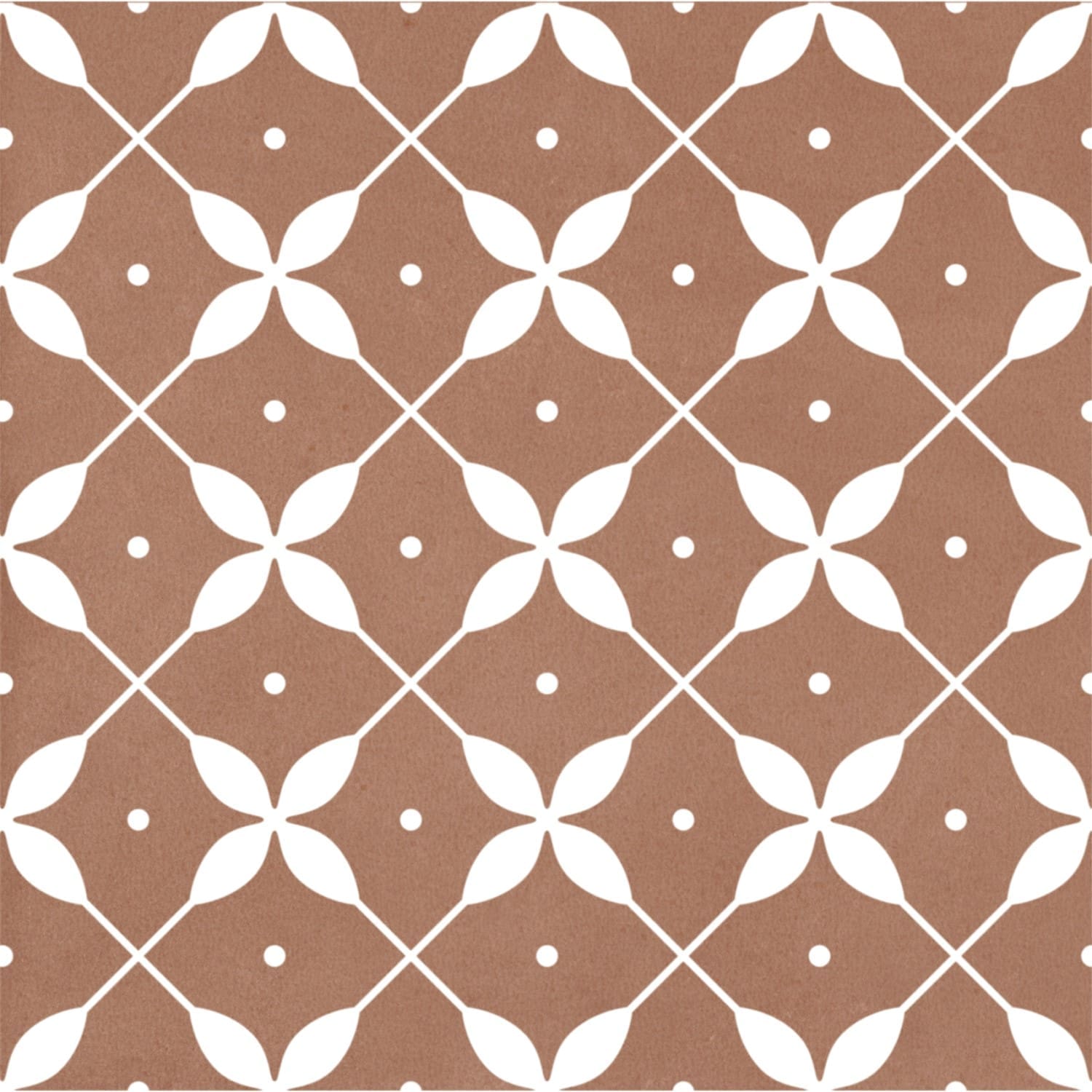 Craft Art Leaf Cotto 200x200mm tile showing a repeating white geometric leaf and lattice pattern on a warm terracotta background.