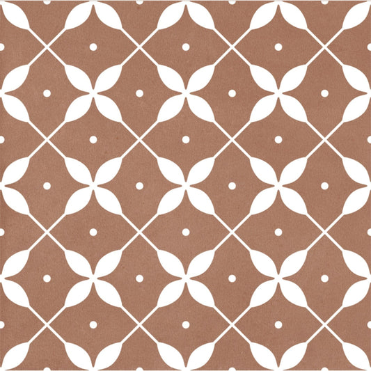 Craft Art Leaf Cotto 200x200mm tile showing a repeating white geometric leaf and lattice pattern on a warm terracotta background.