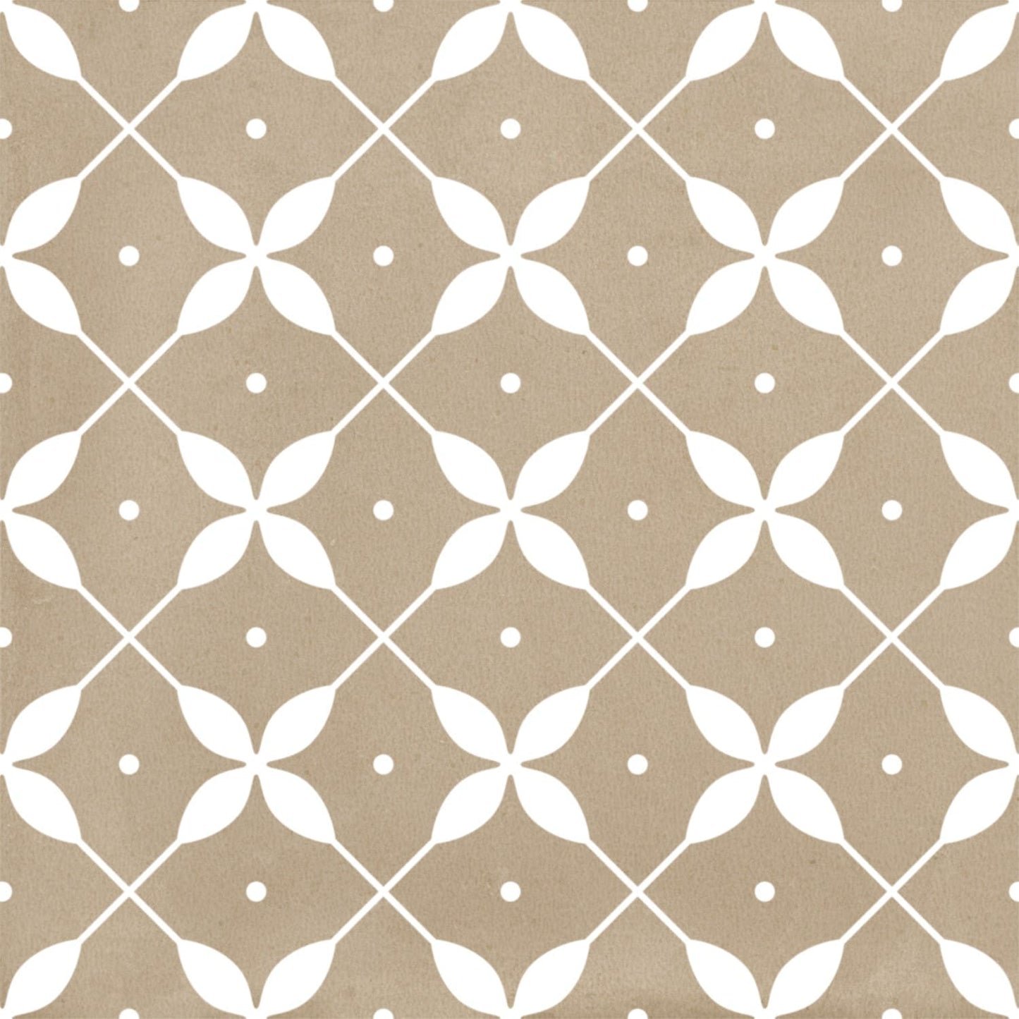Craft Art Leaf Desert 200x200mm ceramic tile featuring a repeating white geometric leaf and diamond lattice pattern on a warm sandy beige matte background.
