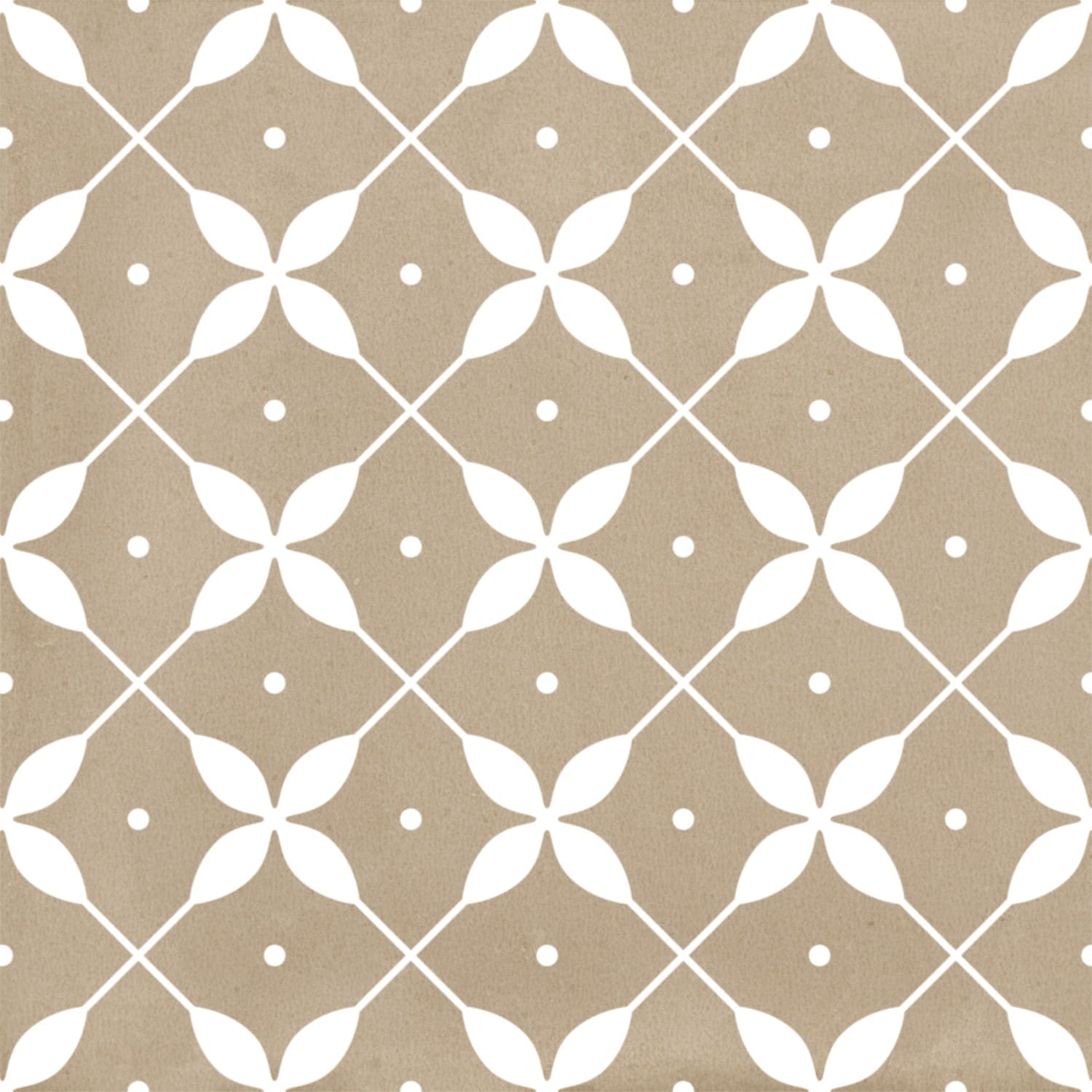 Craft Art Leaf Desert 200x200mm ceramic tile featuring a repeating white geometric leaf and diamond lattice pattern on a warm sandy beige matte background.