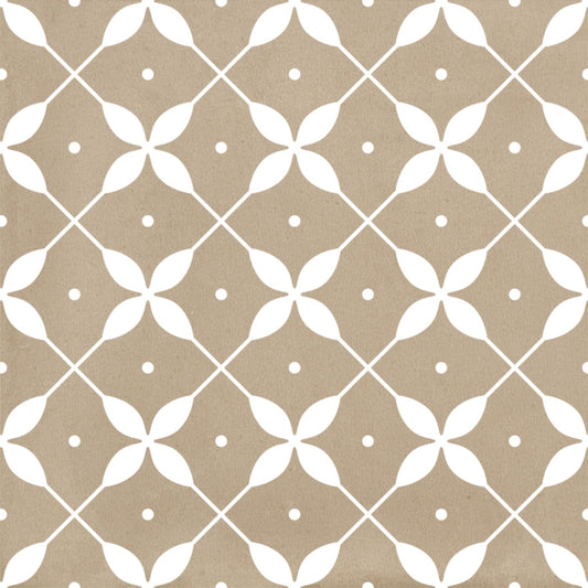 Craft Art Leaf Desert 200x200mm ceramic tile featuring a repeating white geometric leaf and diamond lattice pattern on a warm sandy beige matte background.