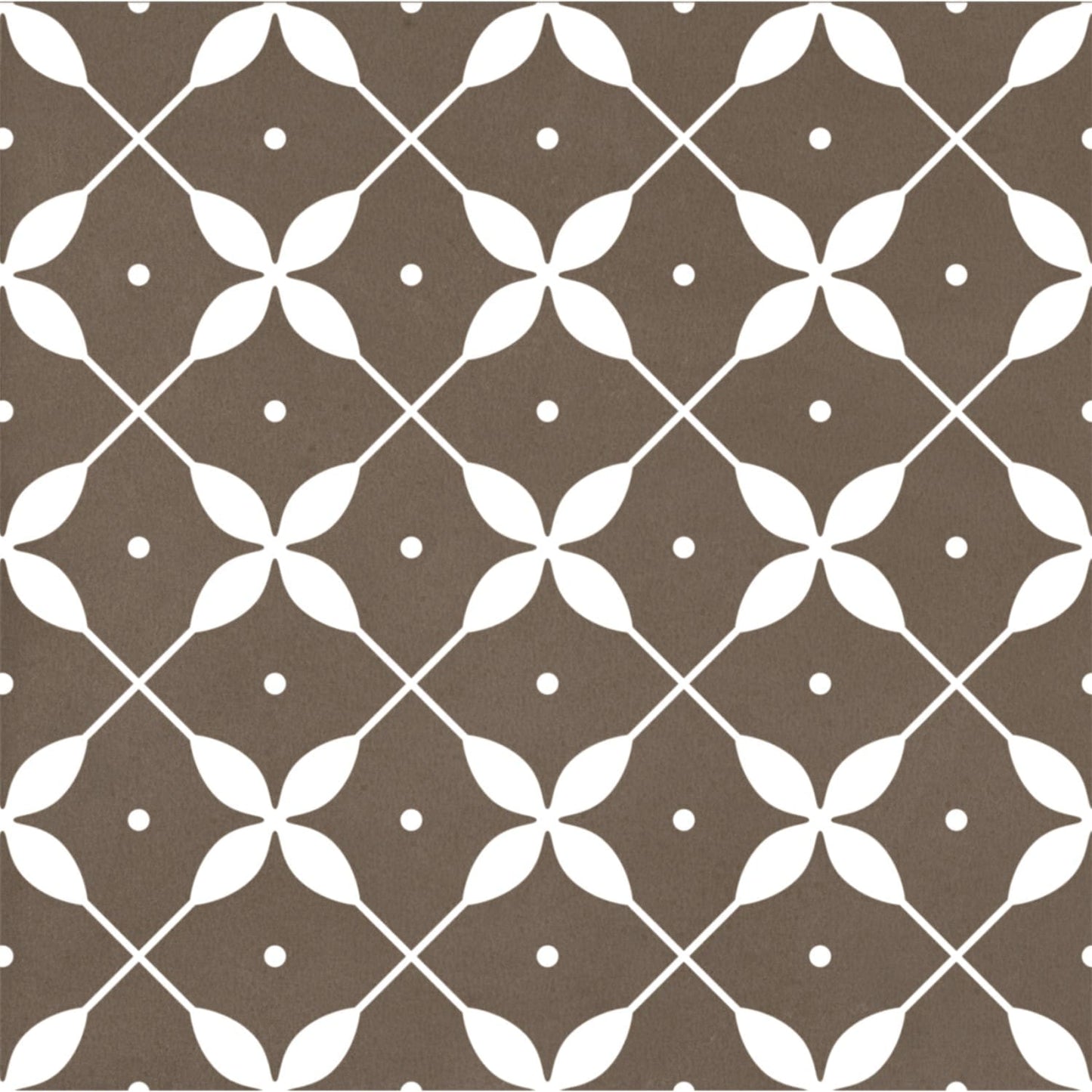 Craft Art Leaf Earth 200x200mm tile featuring a repeating white four-petal floral motif and dot accents on a warm taupe brown matte background.