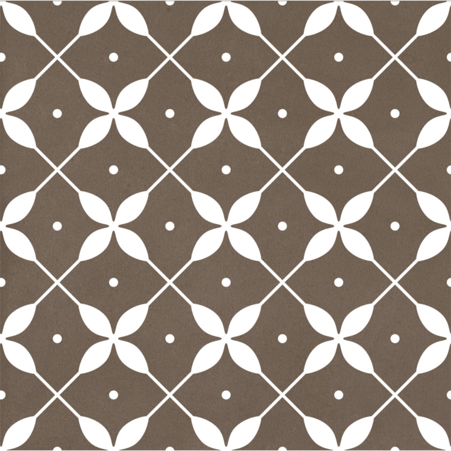 Craft Art Leaf Earth 200x200mm tile featuring a repeating white four-petal floral motif and dot accents on a warm taupe brown matte background.