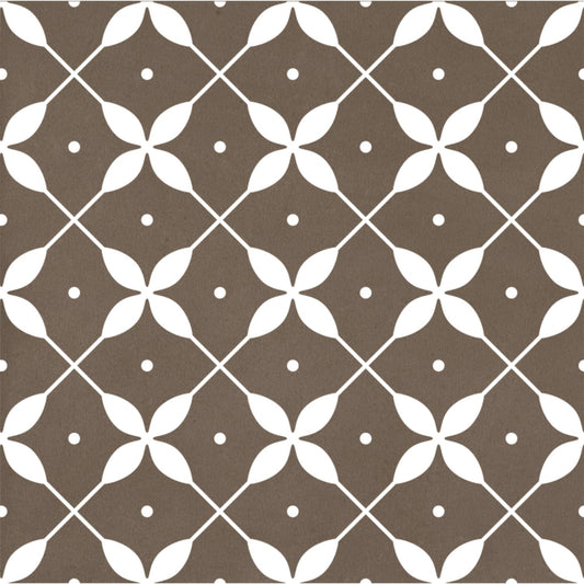 Craft Art Leaf Earth 200x200mm tile featuring a repeating white four-petal floral motif and dot accents on a warm taupe brown matte background.