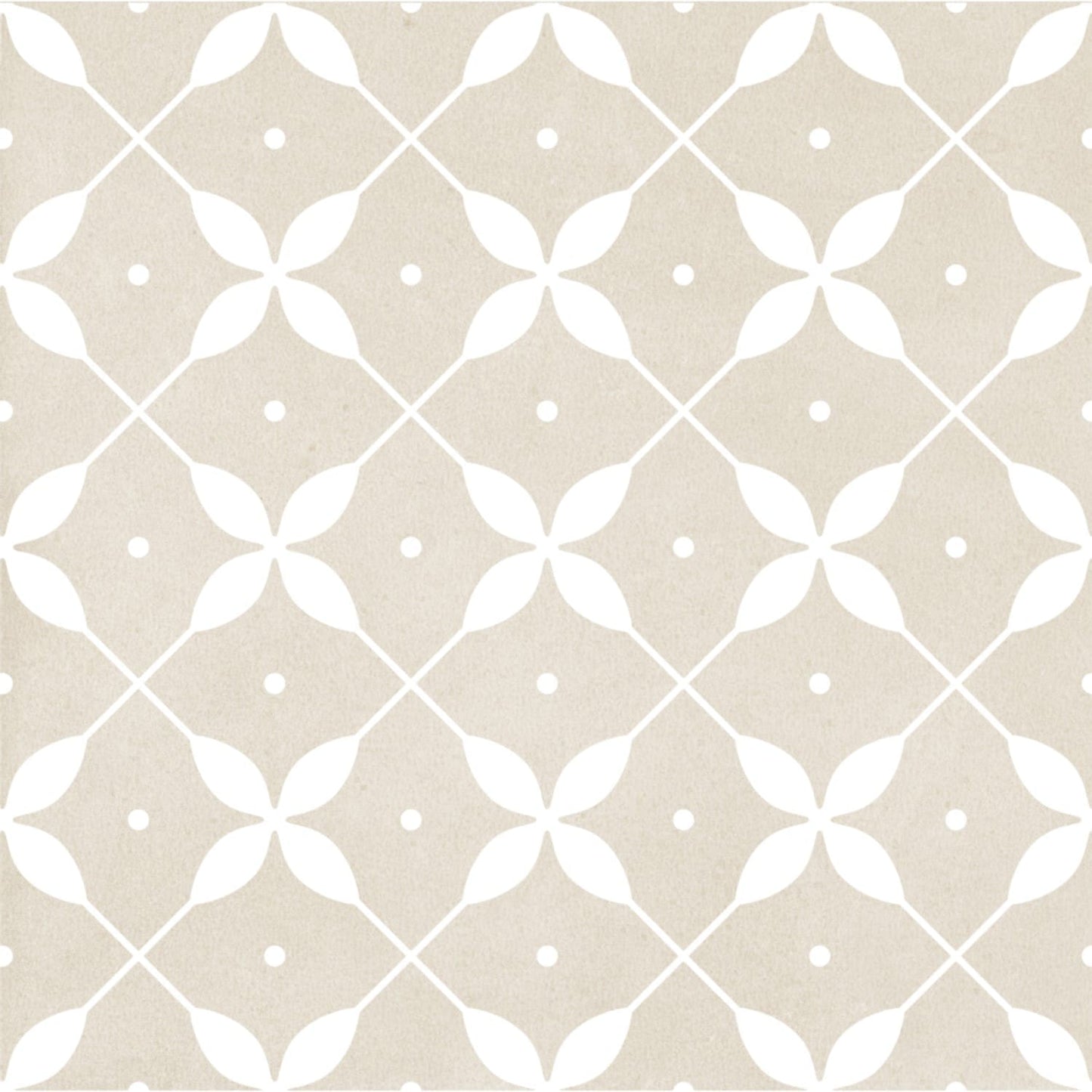 Close-up of Craft Art Leaf Ice 200x200mm tile featuring a repeating white leaf petal motif on a soft beige matte textured background.