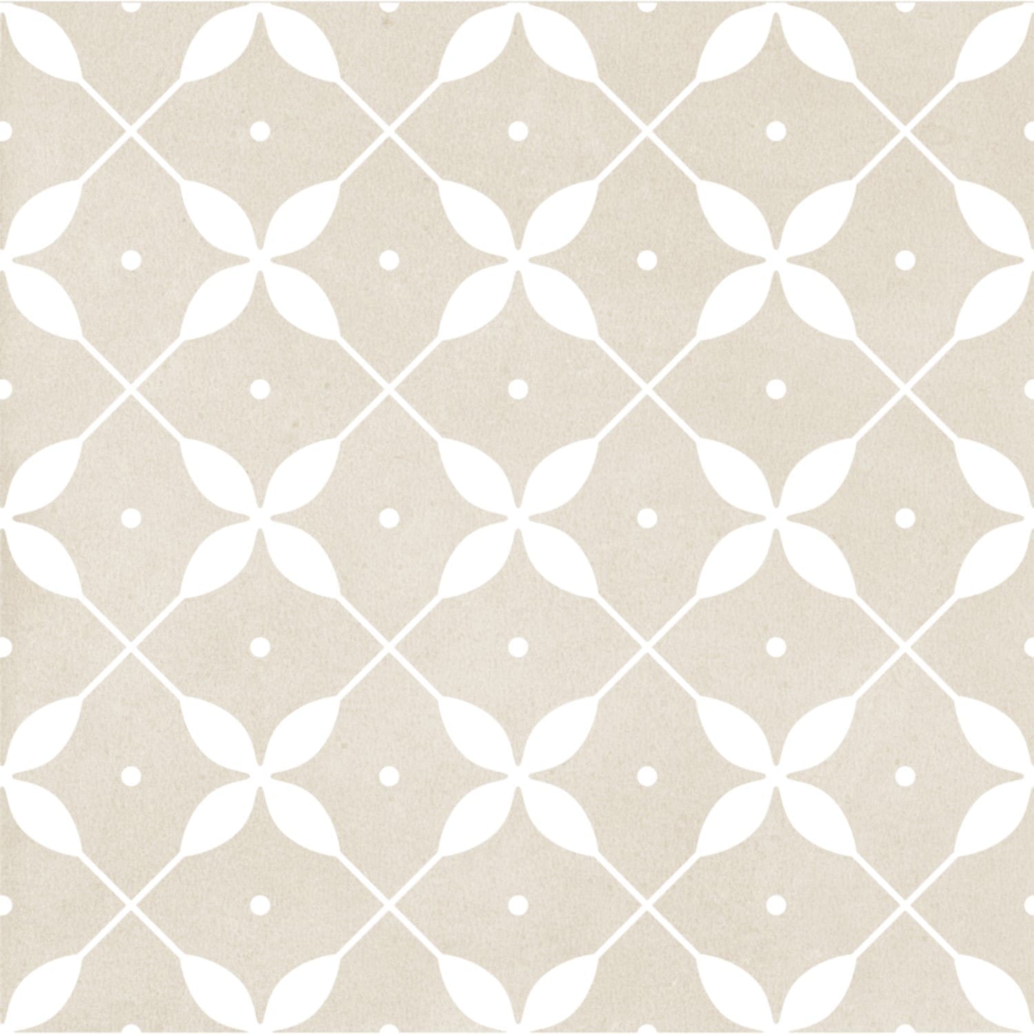 Close-up of Craft Art Leaf Ice 200x200mm tile featuring a repeating white leaf petal motif on a soft beige matte textured background.