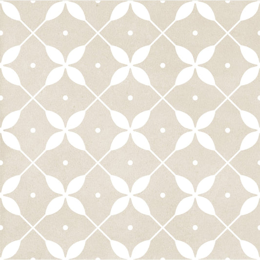 Close-up of Craft Art Leaf Ice 200x200mm tile featuring a repeating white leaf petal motif on a soft beige matte textured background.
