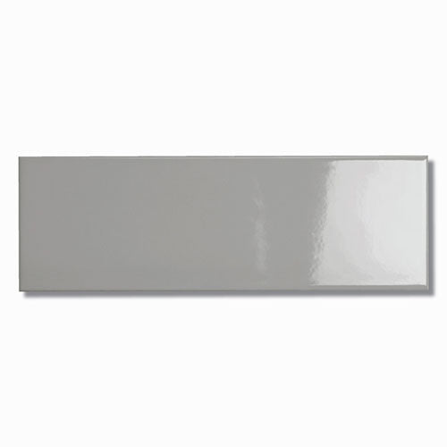 Single Cucina Grey Gloss 100x300mm ceramic wall tile shown face-on, displaying a smooth high-gloss mid-grey finish with subtle light reflection.