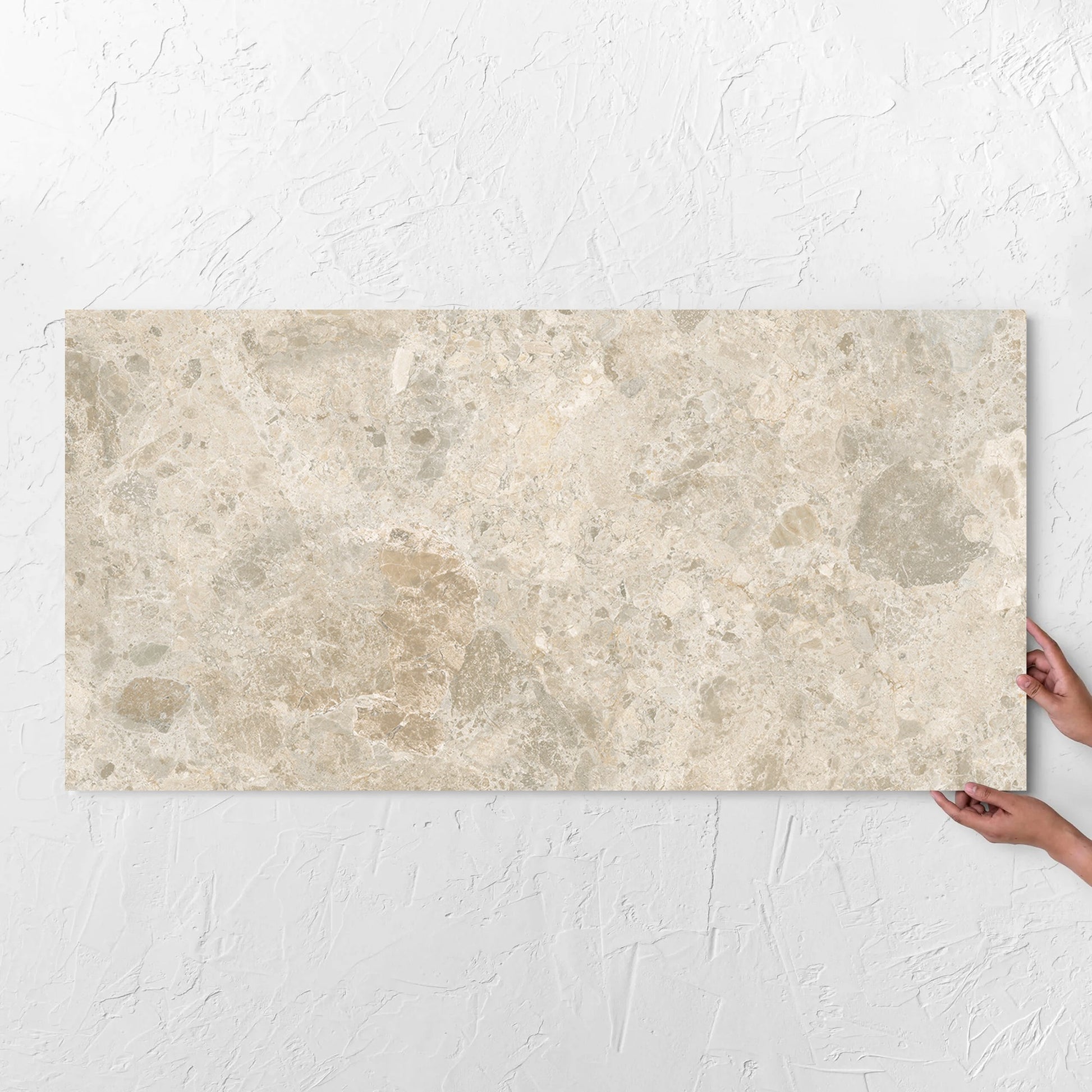 Bedrock Ivory Matt 600x1200mm tile with hands