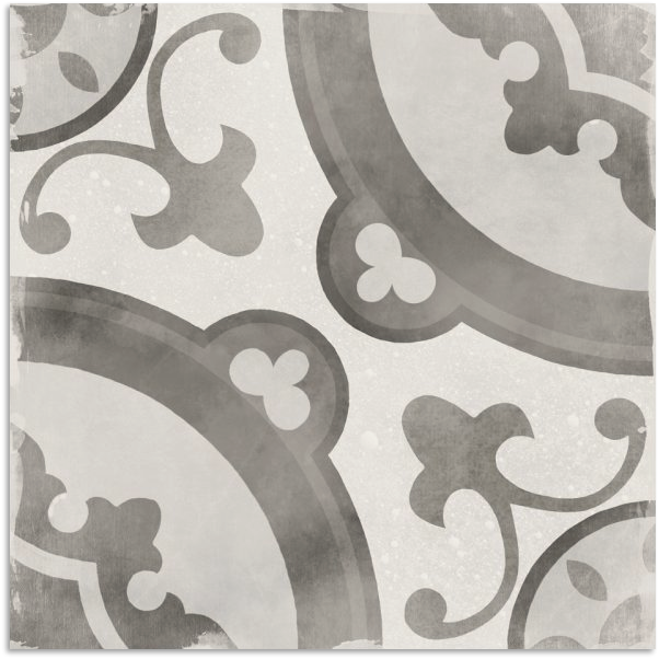 Close-up of Da Vinci Florentine Matt 200x200mm tile featuring a grey and white ornate scrollwork and quatrefoil encaustic-style pattern.