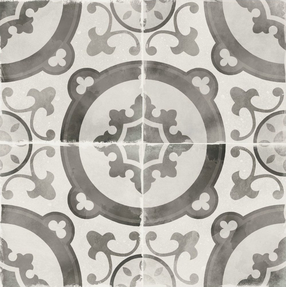 Da Vinci Florentine Matt 200x200mm tile featuring a vintage-style grey and white ornate medallion pattern with scrollwork detailing on a square format.