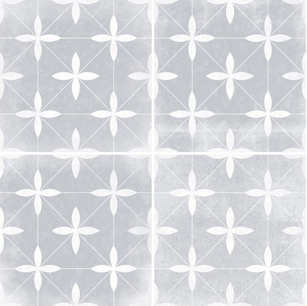 Da Vinci Milano Matt 200x200mm grey ceramic tile featuring a repeating white four-petal floral and diagonal line geometric pattern on a matte surface.