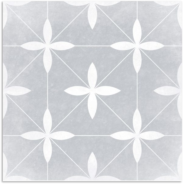 Da Vinci Milano Matt 200x200mm ceramic tile featuring a delicate white four-petal floral motif on a soft grey matt surface with geometric line detailing.