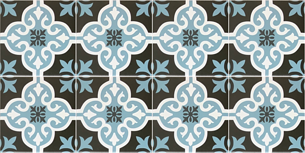 Da Vinci Napoli Matt 200x200mm encaustic-style ceramic tile featuring a repeating dark charcoal, powder blue, and white ornate floral medallion pattern.
