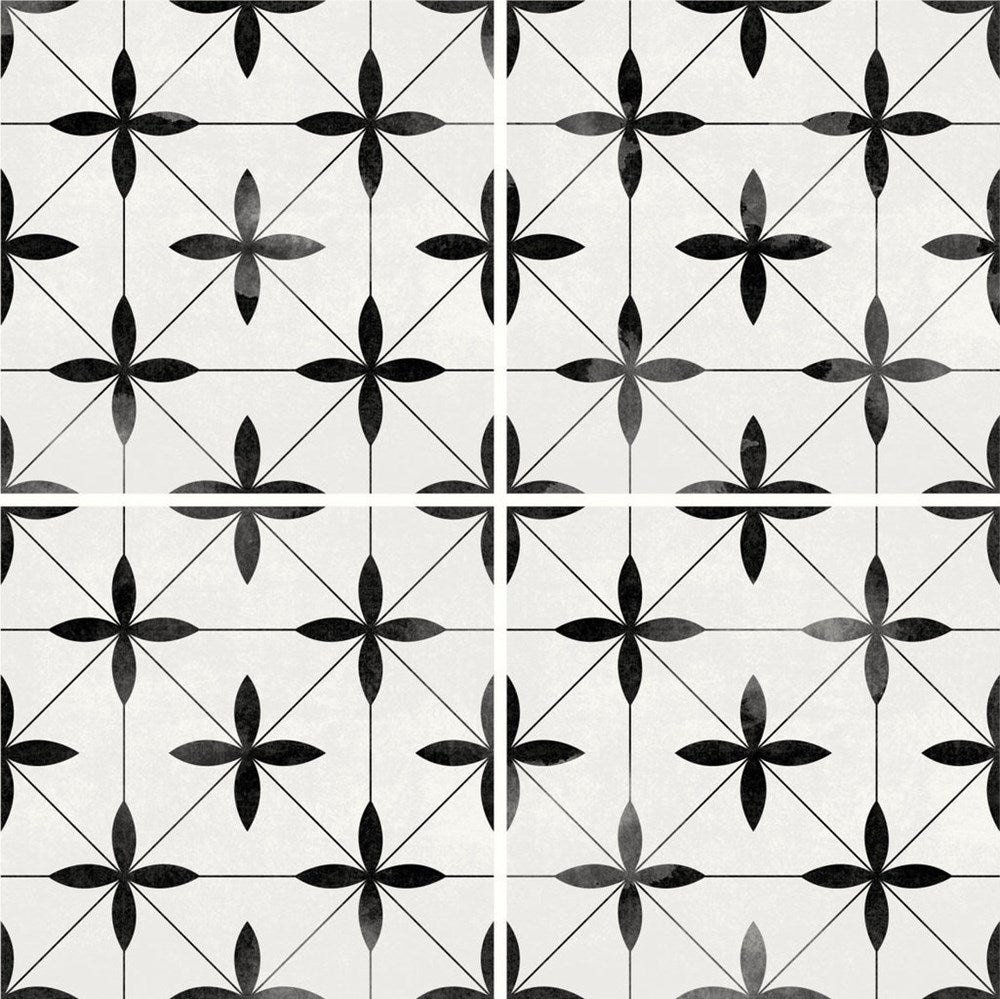 Da Vinci Vaticano Matt 200x200mm ceramic floor tile featuring a monochrome black and white geometric floral pattern with diagonal lines on a light grey matt finish.